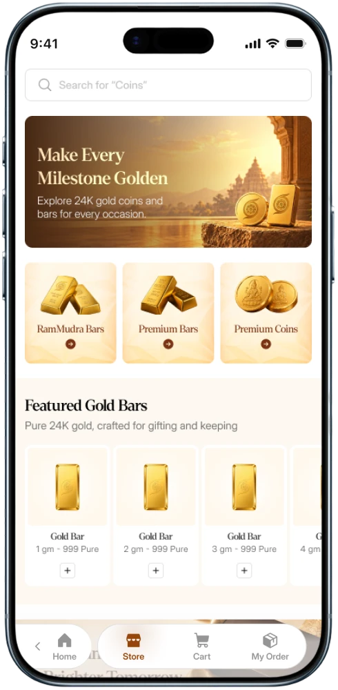 RamMudra app catalog with gold coins and featured gold bars