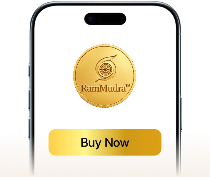 RamMudra mobile app showing a RamMudra engraved gold coin and Buy Now button